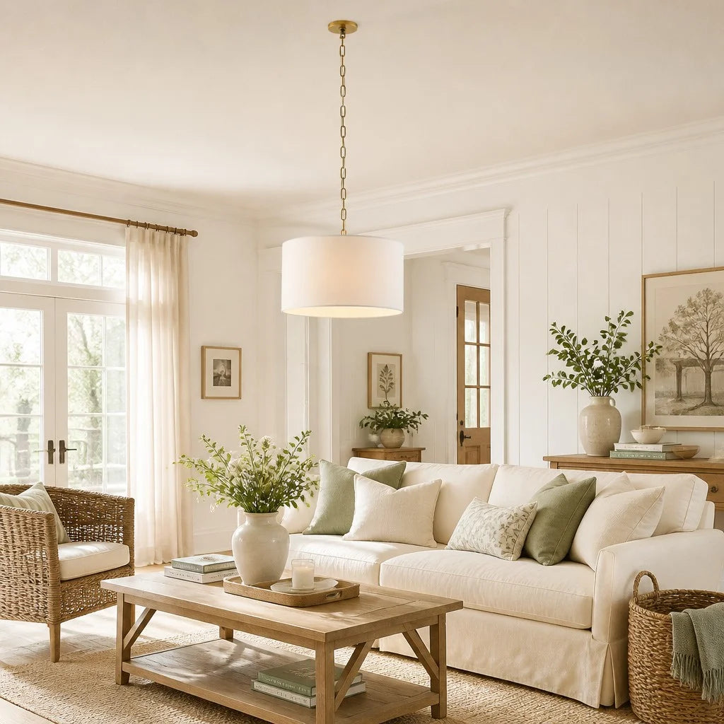 Pendant Lamp Scandinavian Farmhouse with Drum Shade and Chain Suspension