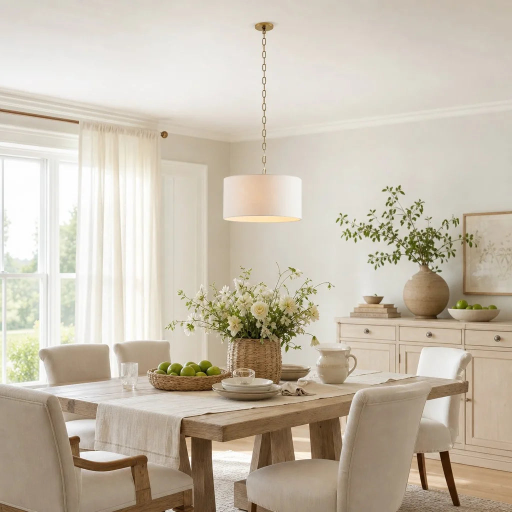 Pendant Lamp Scandinavian Farmhouse with Drum Shade and Chain Suspension