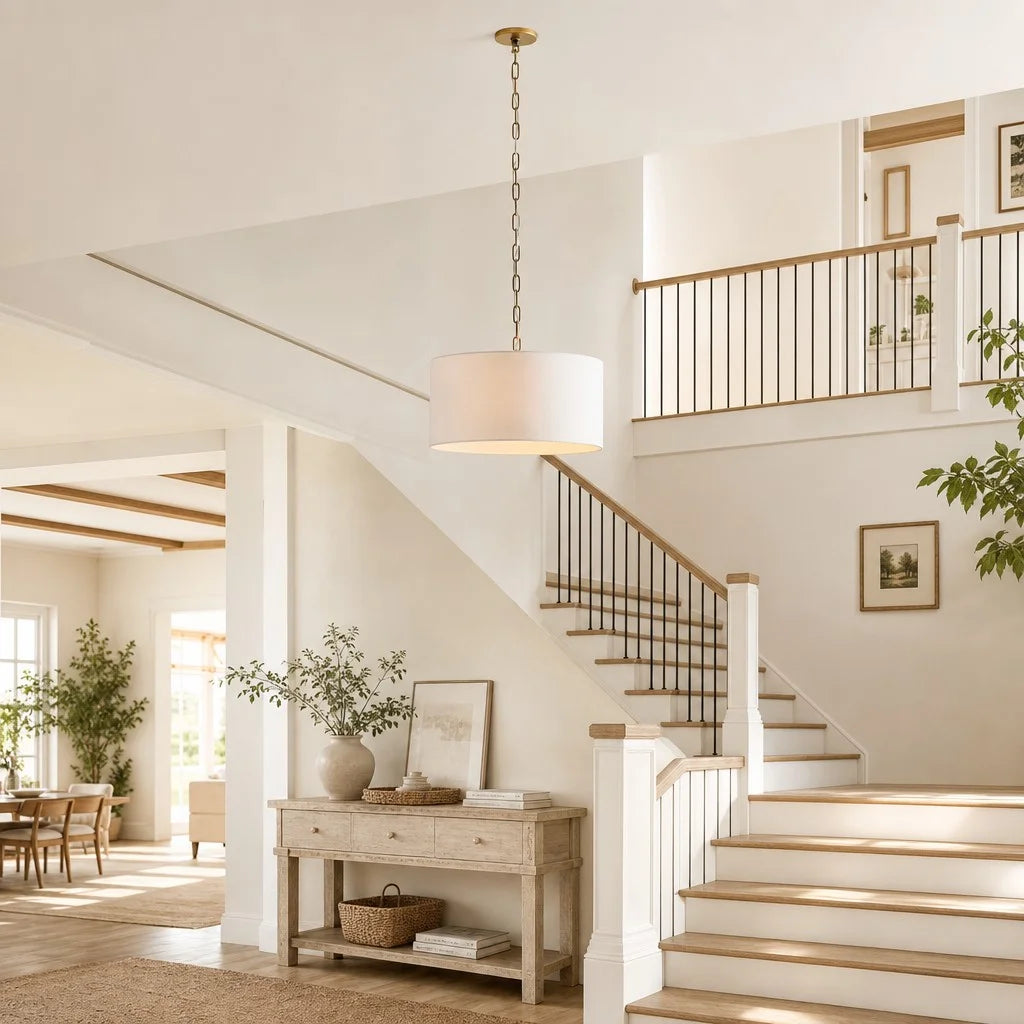 Pendant Lamp Scandinavian Farmhouse with Drum Shade and Chain Suspension