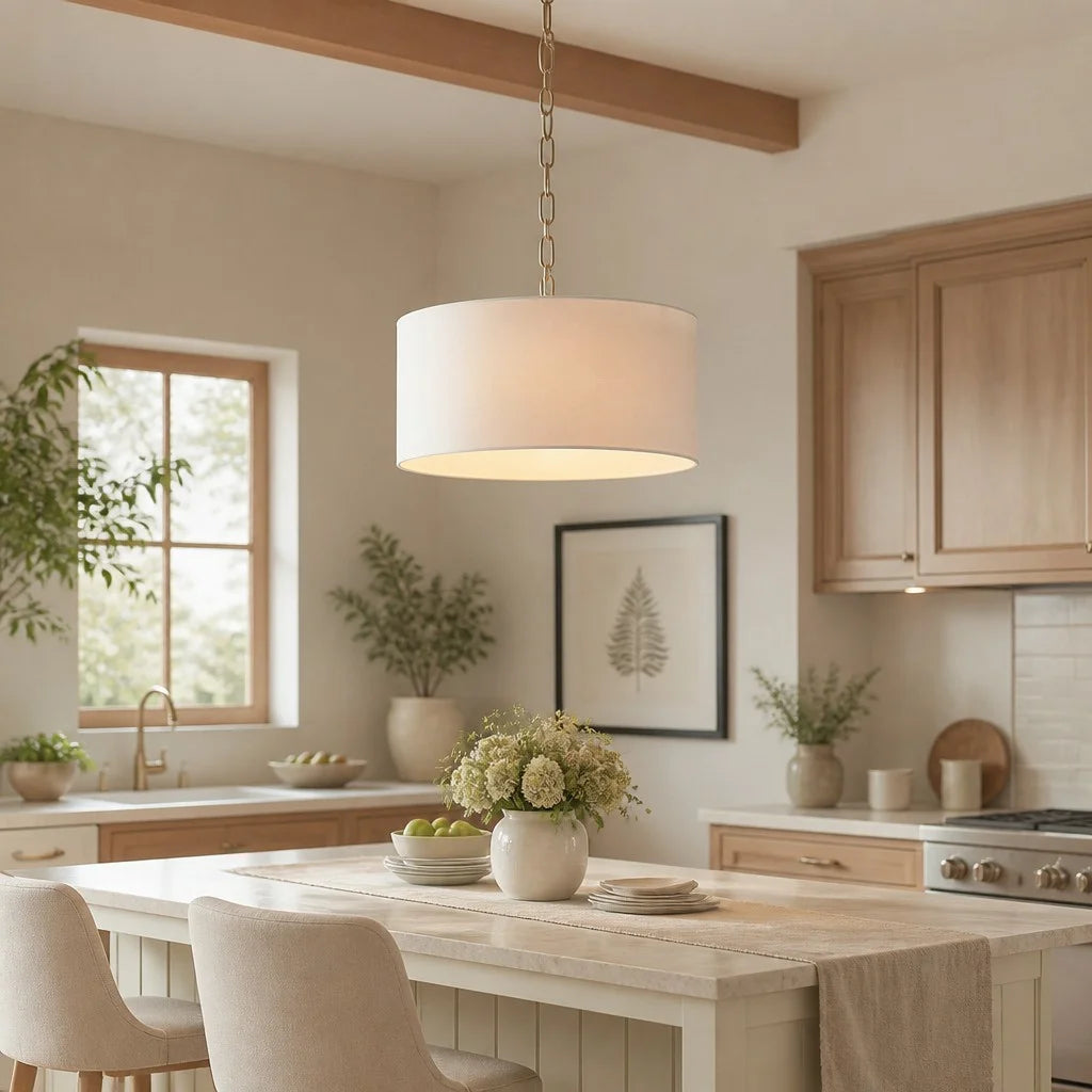 Pendant Lamp Scandinavian Farmhouse with Drum Shade and Chain Suspension ##POS:7##