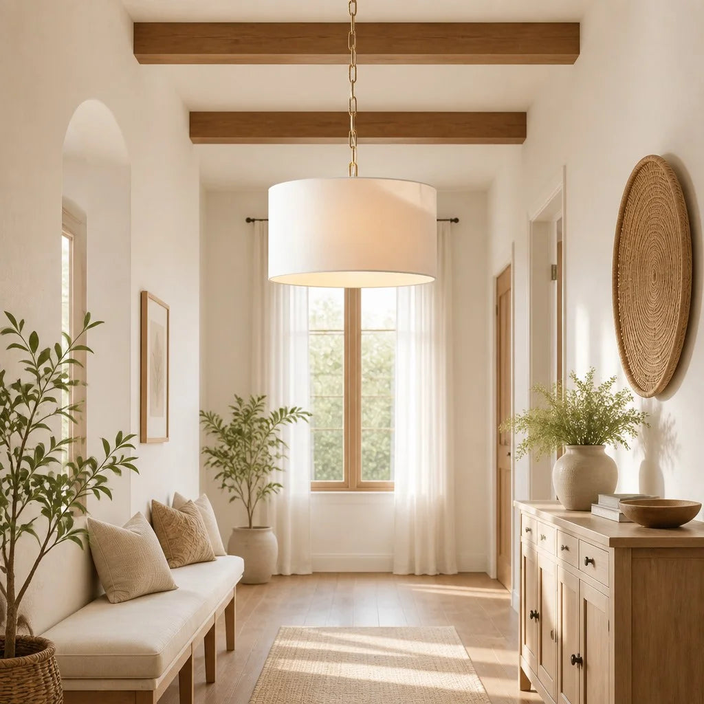 Pendant Lamp Scandinavian Farmhouse with Drum Shade and Chain Suspension