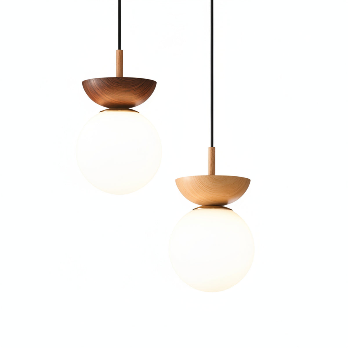 Pendant Lamp Scandinavian Globe with Wood Bowl Cap and Frosted Glass Shade