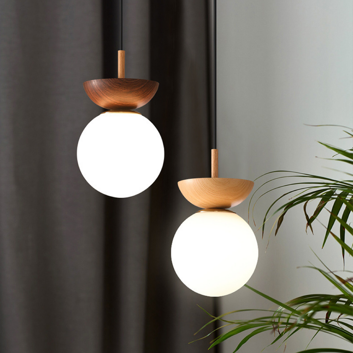 Pendant Lamp Scandinavian Globe with Wood Bowl Cap and Frosted Glass Shade