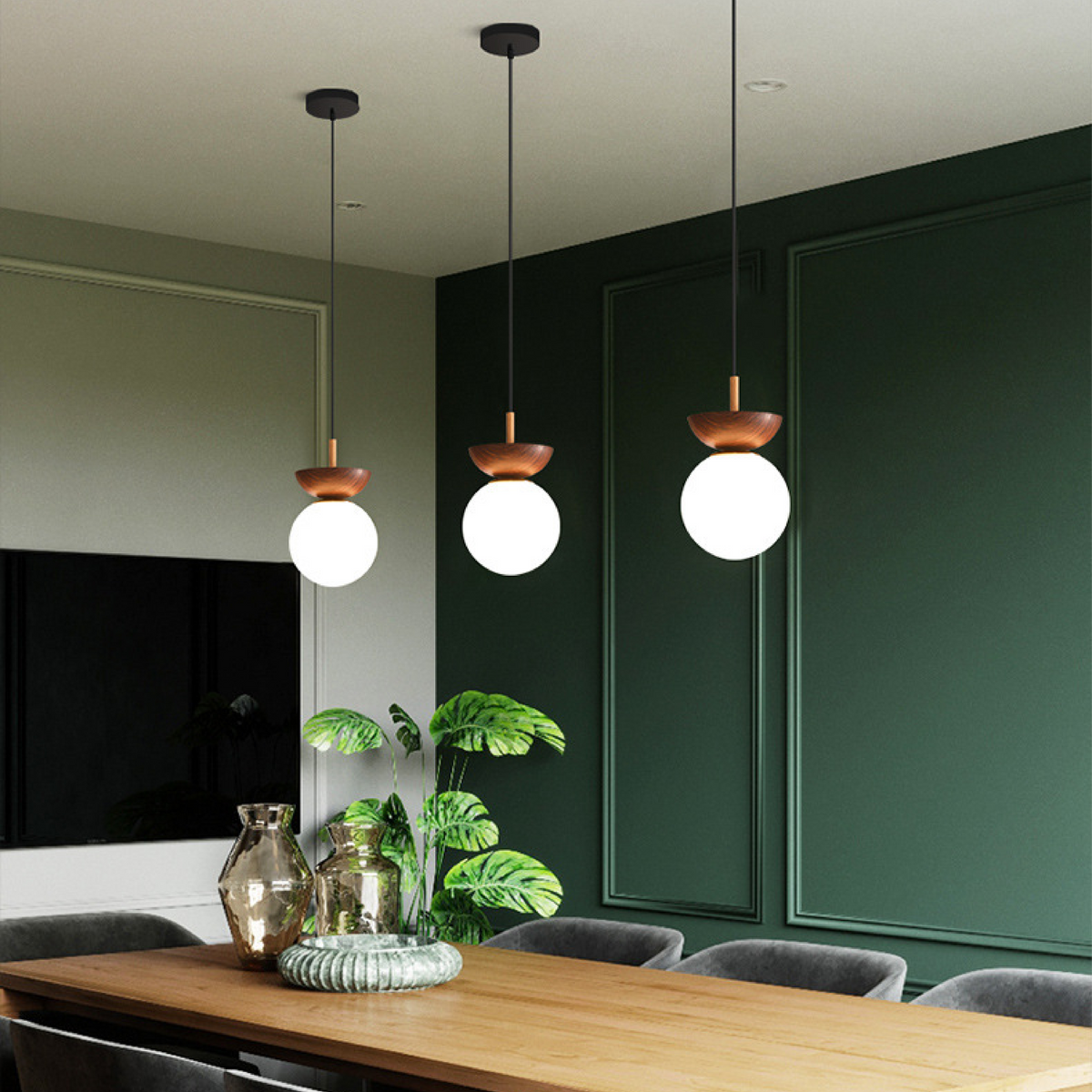 Pendant Lamp Scandinavian Globe with Wood Bowl Cap and Frosted Glass Shade