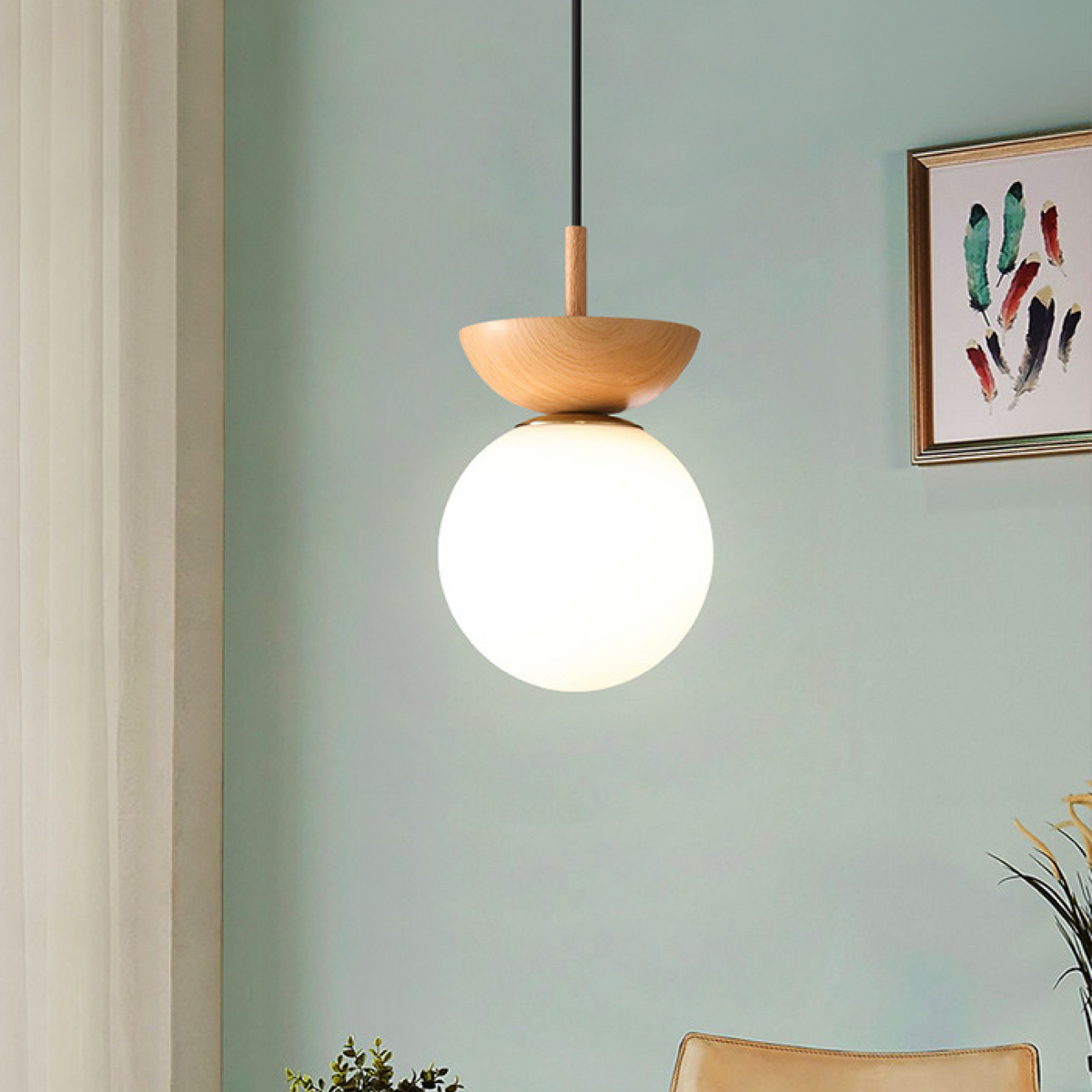 Pendant Lamp Scandinavian Globe with Wood Bowl Cap and Frosted Glass Shade