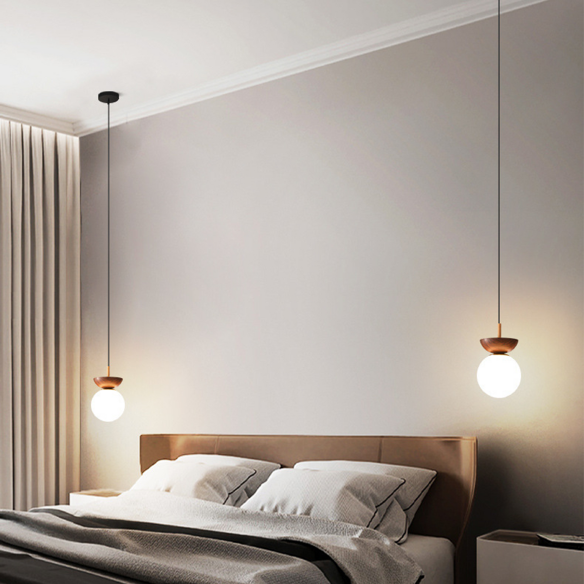 Pendant Lamp Scandinavian Globe with Wood Bowl Cap and Frosted Glass Shade