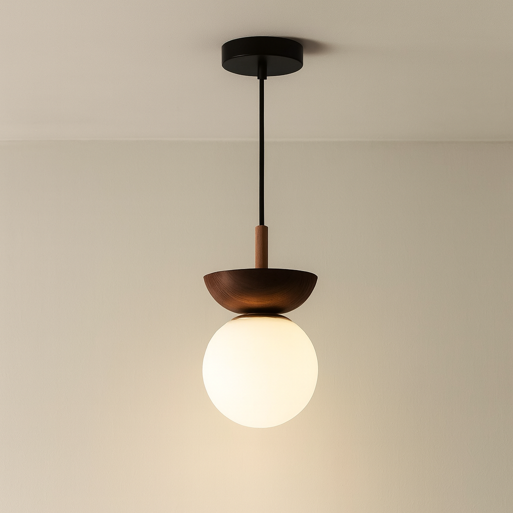 Pendant Lamp Scandinavian Globe with Wood Bowl Cap and Frosted Glass Shade