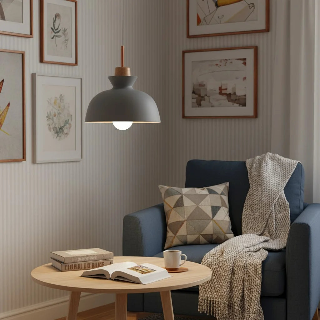 Pendant Lamp Scandinavian with Dome Shade and Wood Detail