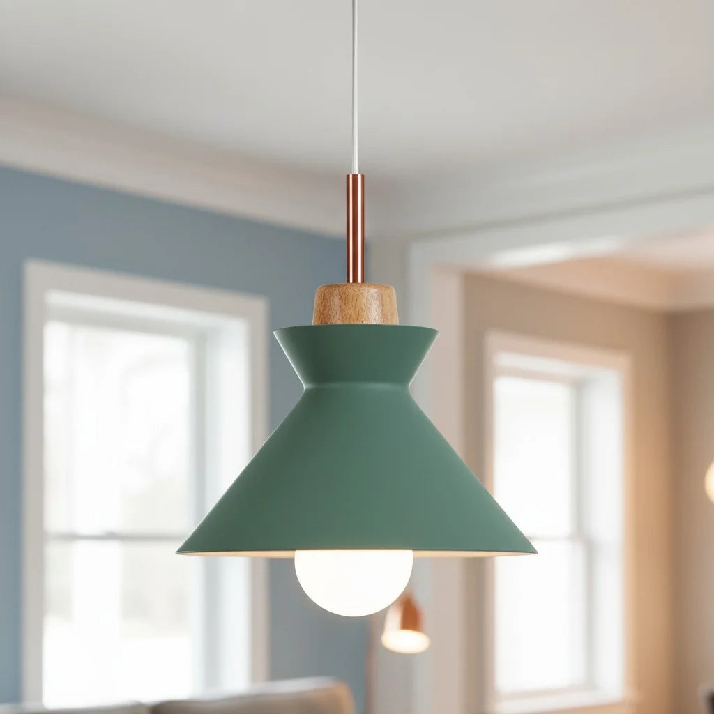 Pendant Lamp Scandinavian with Dome Shade and Wood Detail