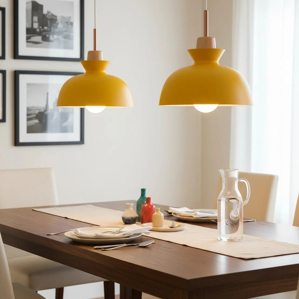 Pendant Lamp Scandinavian with Dome Shade and Wood Detail