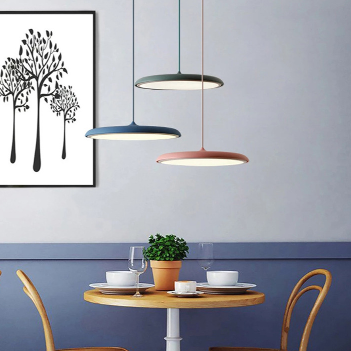 Pendant Lamp Scandinavian with Flat Round Shade and Integrated LED