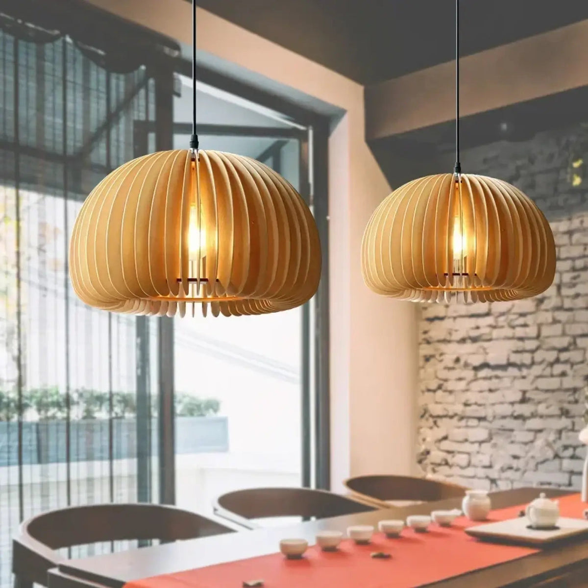 Pendant Lamp Scandinavian with Slatted Dome Wood Shade