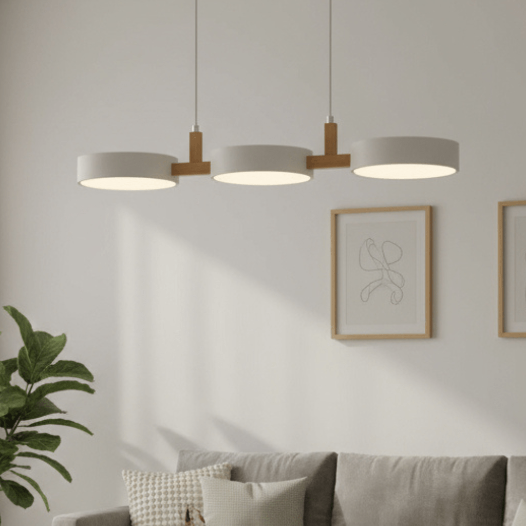 Pendant Lamp Scandinavian with Three Round Shades and Wood Detail