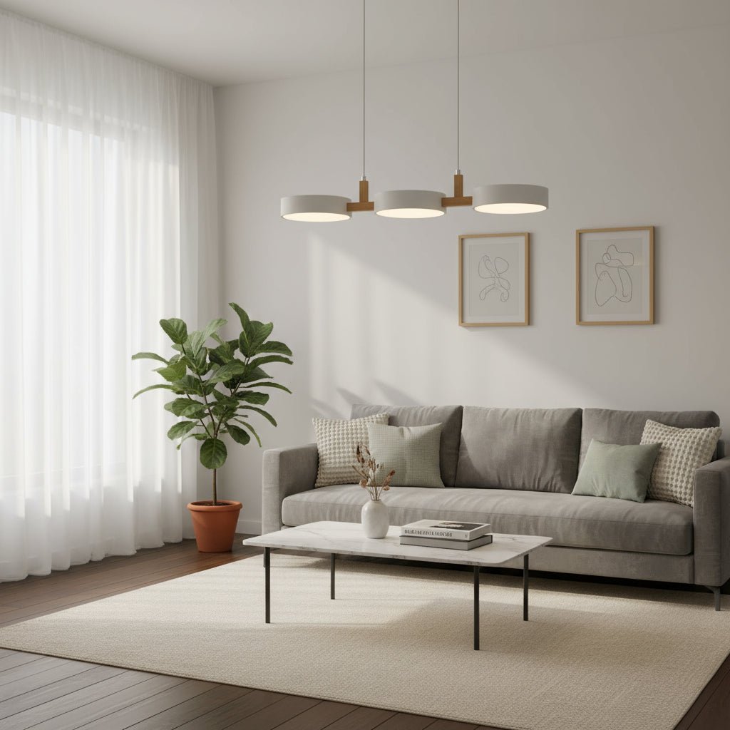 Pendant Lamp Scandinavian with Three Round Shades and Wood Detail