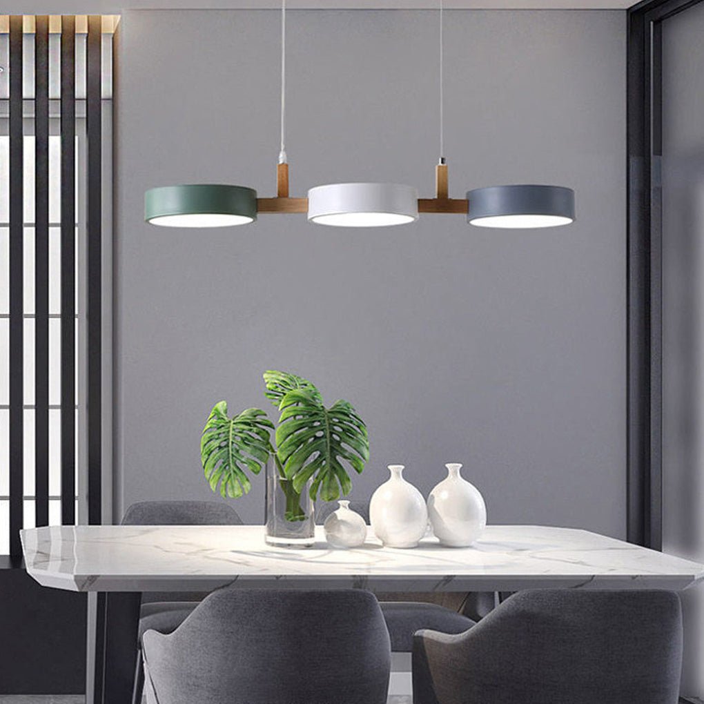 Pendant Lamp Scandinavian with Three Round Shades and Wood Detail