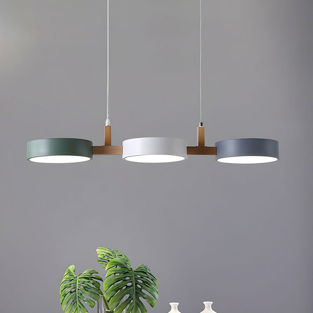 Pendant Lamp Scandinavian with Three Round Shades and Wood Detail