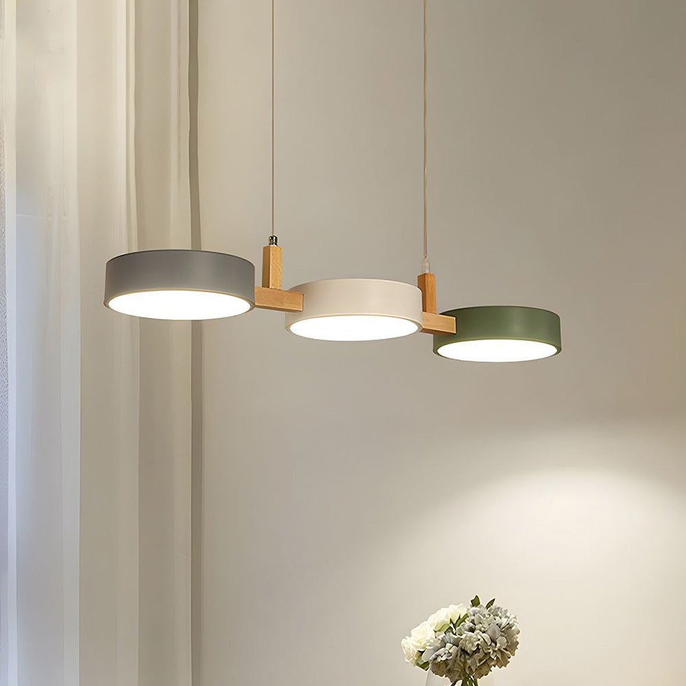 Pendant Lamp Scandinavian with Three Round Shades and Wood Detail