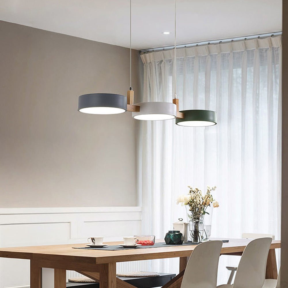 Pendant Lamp Scandinavian with Three Round Shades and Wood Detail