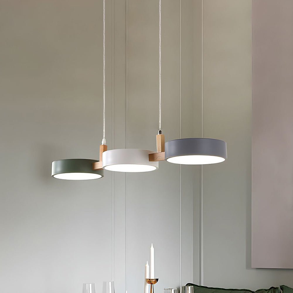 Pendant Lamp Scandinavian with Three Round Shades and Wood Detail