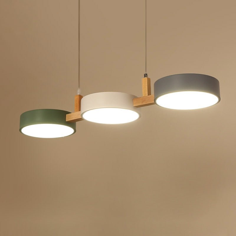 Pendant Lamp Scandinavian with Three Round Shades and Wood Detail