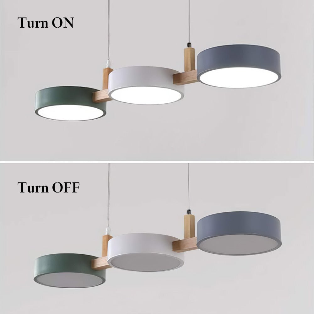 Pendant Lamp Scandinavian with Three Round Shades and Wood Detail