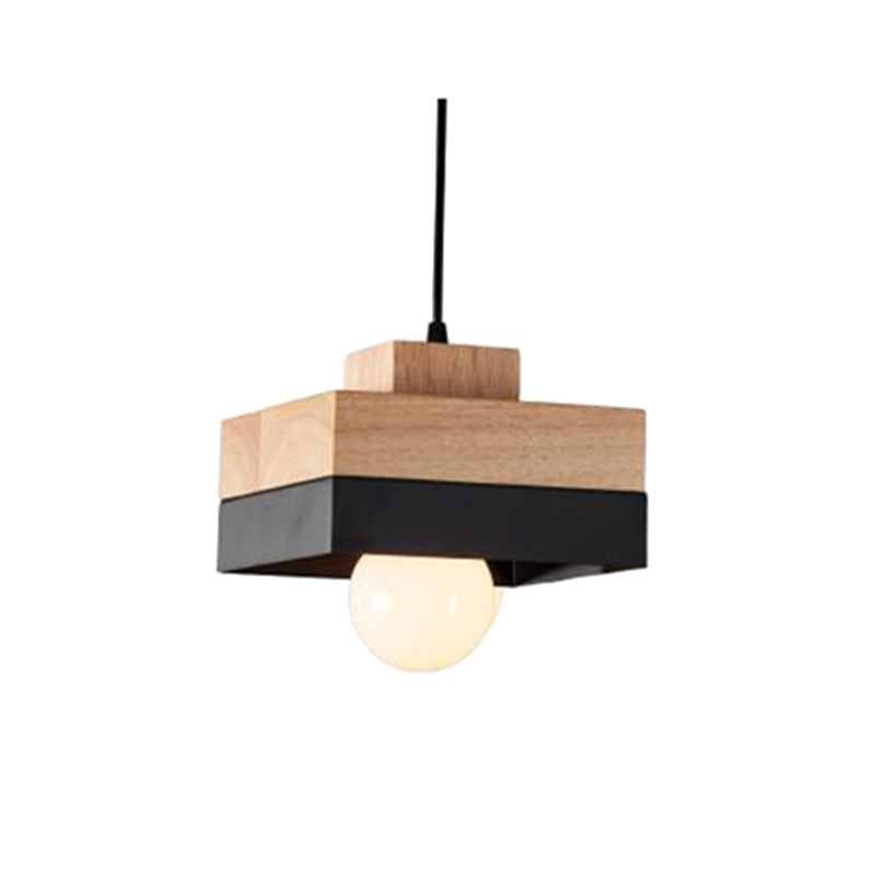 Pendant Lamp Scandinavian with Wood Shade and Metal Base, Round or Square