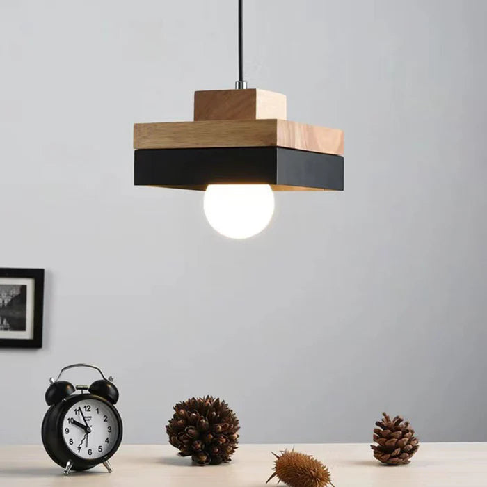 Pendant Lamp Scandinavian with Wood Shade and Metal Base, Round or Square