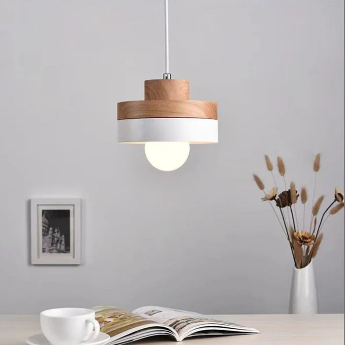 Pendant Lamp Scandinavian with Wood Shade and Metal Base, Round or Square