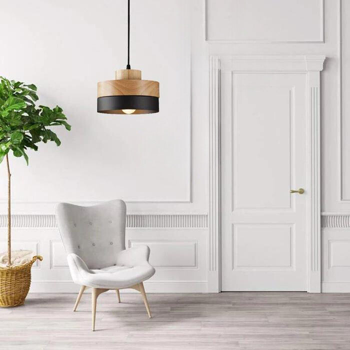 Pendant Lamp Scandinavian with Wood Shade and Metal Base, Round or Square