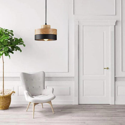 Pendant Lamp Scandinavian with Wood Shade and Metal Base, Round or Square