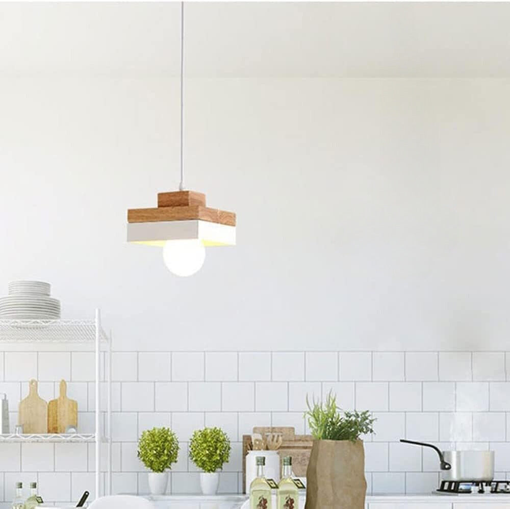 Pendant Lamp Scandinavian with Wood Shade and Metal Base, Round or Square