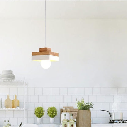 Pendant Lamp Scandinavian with Wood Shade and Metal Base, Round or Square