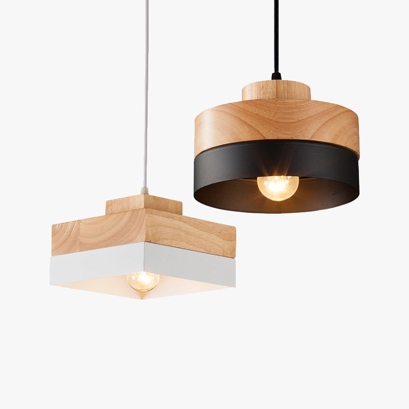 Pendant Lamp Scandinavian with Wood Shade and Metal Base, Round or Square
