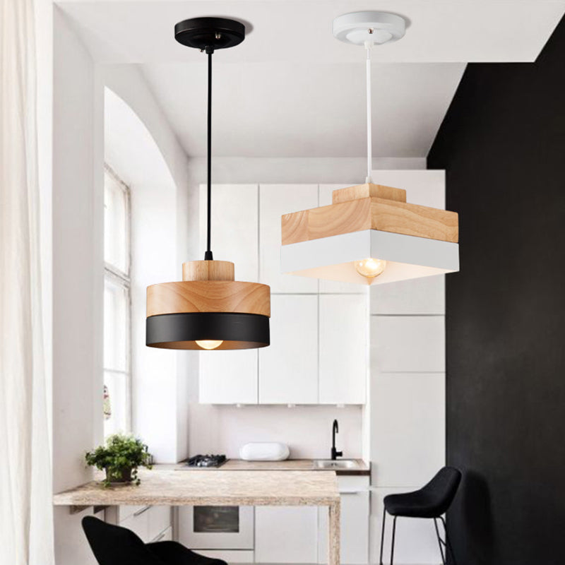 Pendant Lamp Scandinavian with Wood Shade and Metal Base, Round or Square