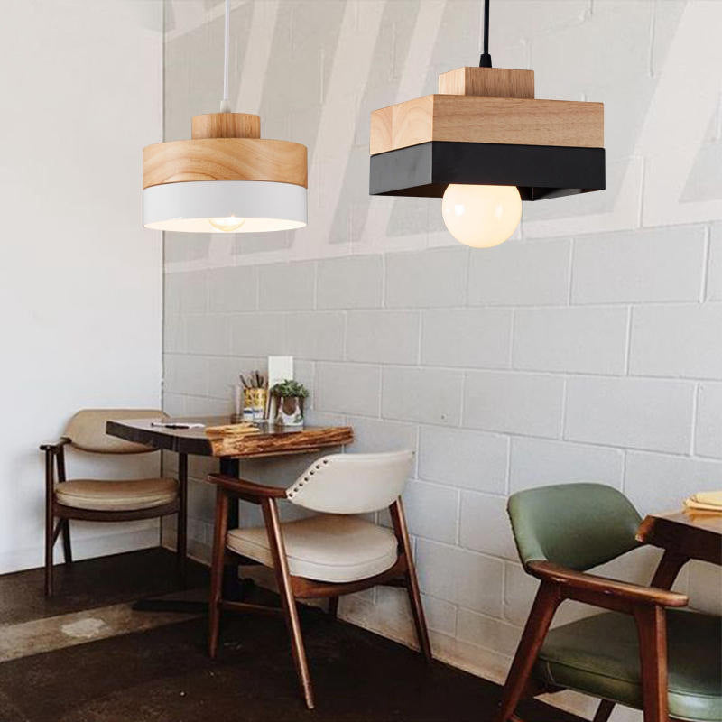 Pendant Lamp Scandinavian with Wood Shade and Metal Base, Round or Square