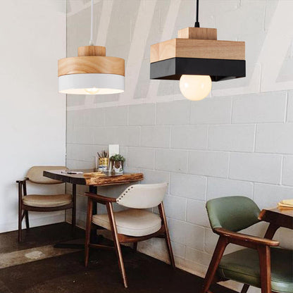 Pendant Lamp Scandinavian with Wood Shade and Metal Base, Round or Square