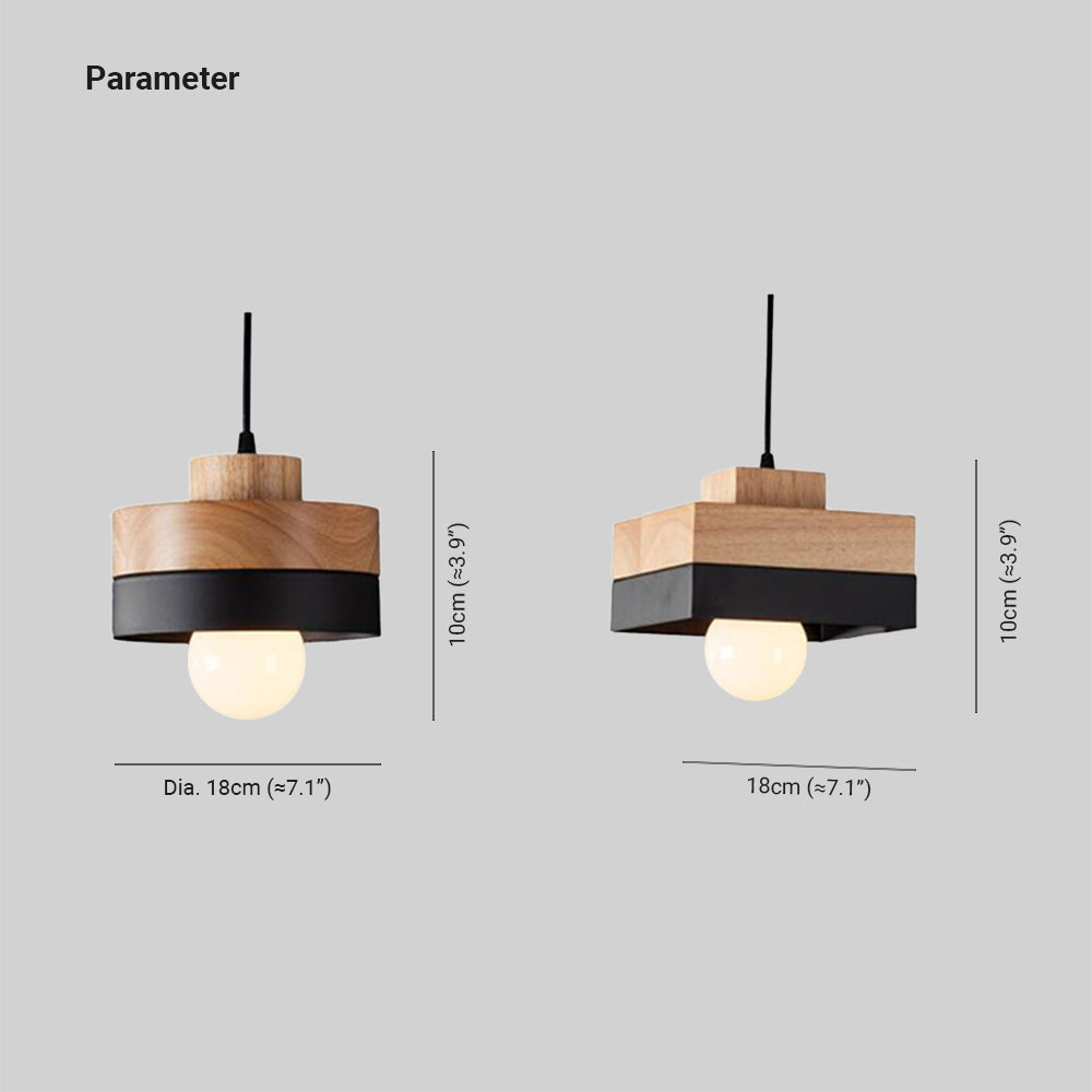 Pendant Lamp Scandinavian with Wood Shade and Metal Base, Round or Square