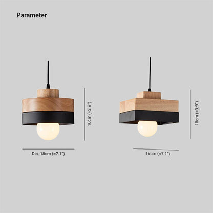 Pendant Lamp Scandinavian with Wood Shade and Metal Base, Round or Square