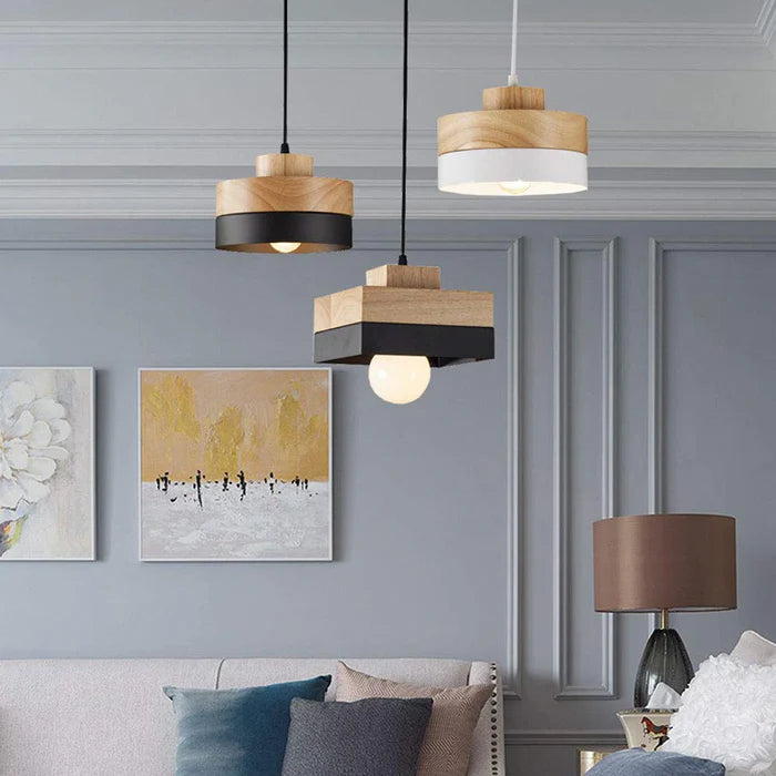 Pendant Lamp Scandinavian with Wood Shade and Metal Base, Round or Square