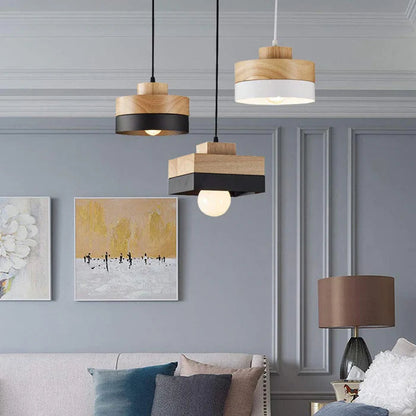 Pendant Lamp Scandinavian with Wood Shade and Metal Base, Round or Square