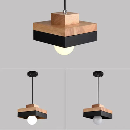 Pendant Lamp Scandinavian with Wood Shade and Metal Base, Round or Square