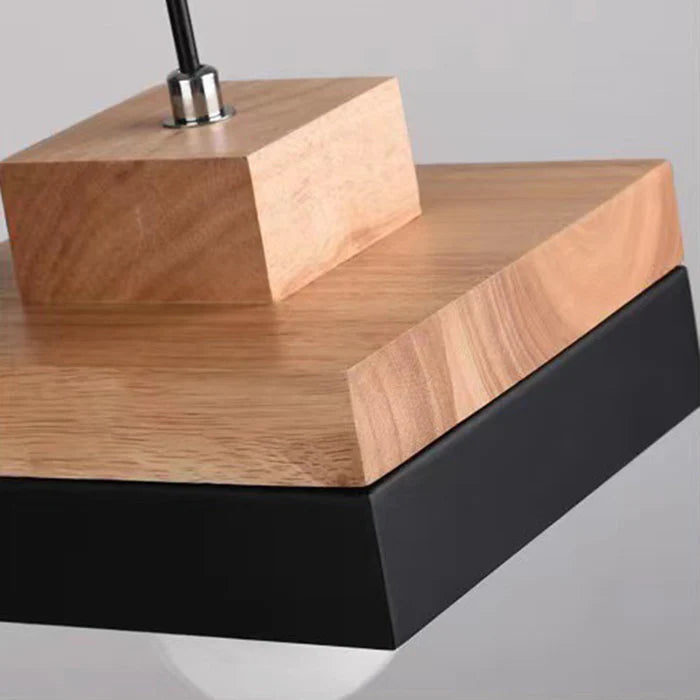 Pendant Lamp Scandinavian with Wood Shade and Metal Base, Round or Square
