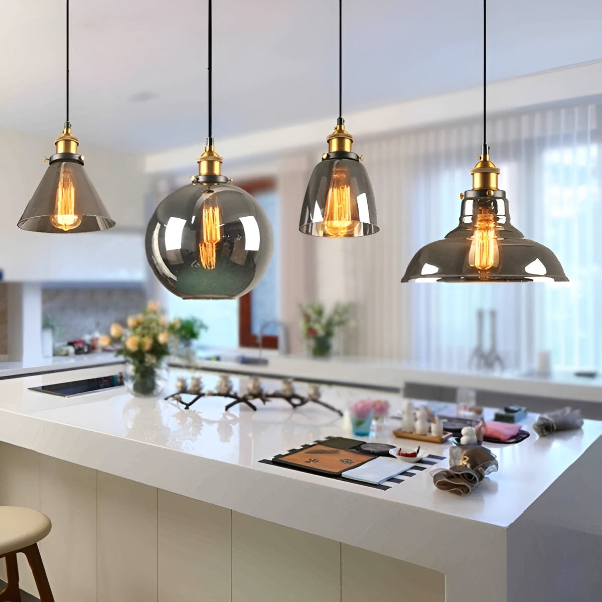 Pendant Lamp Vintage Industrial with Smoked Glass Shade and E27 Fitting