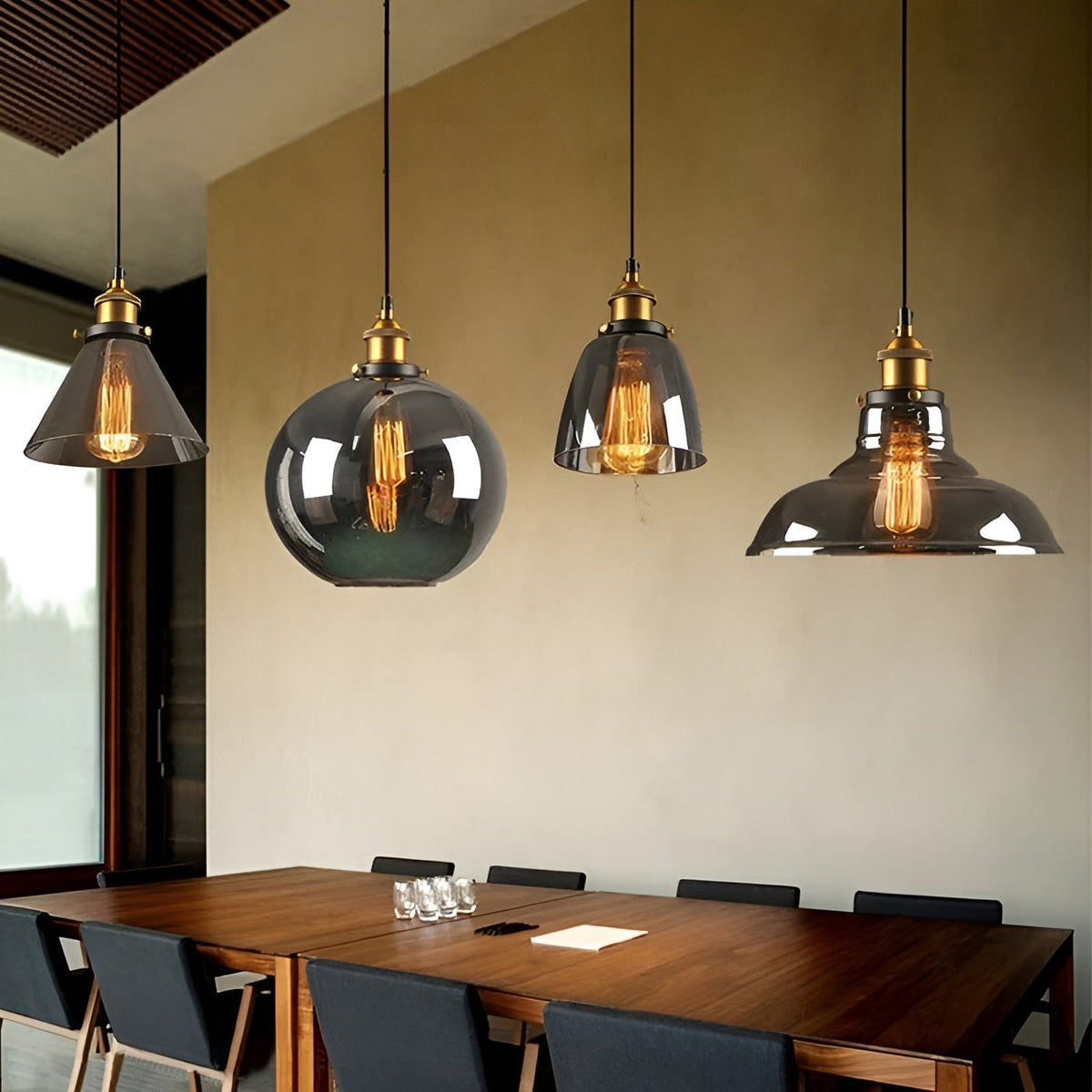 Pendant Lamp Vintage Industrial with Smoked Glass Shade and E27 Fitting