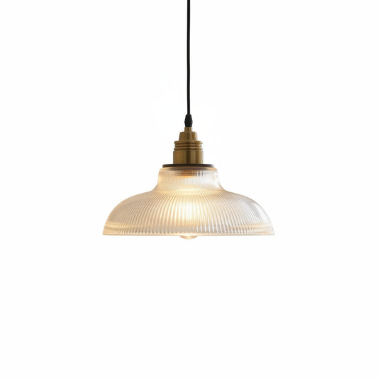 Pendant Lamp Vintage Style with Ribbed Glass Shade and Brass Fitting