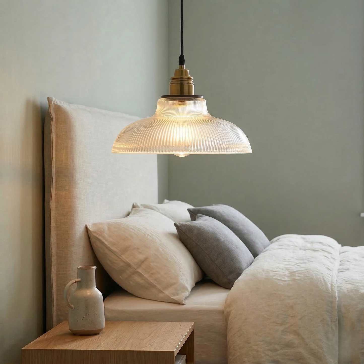 Pendant Lamp Vintage Style with Ribbed Glass Shade and Brass Fitting