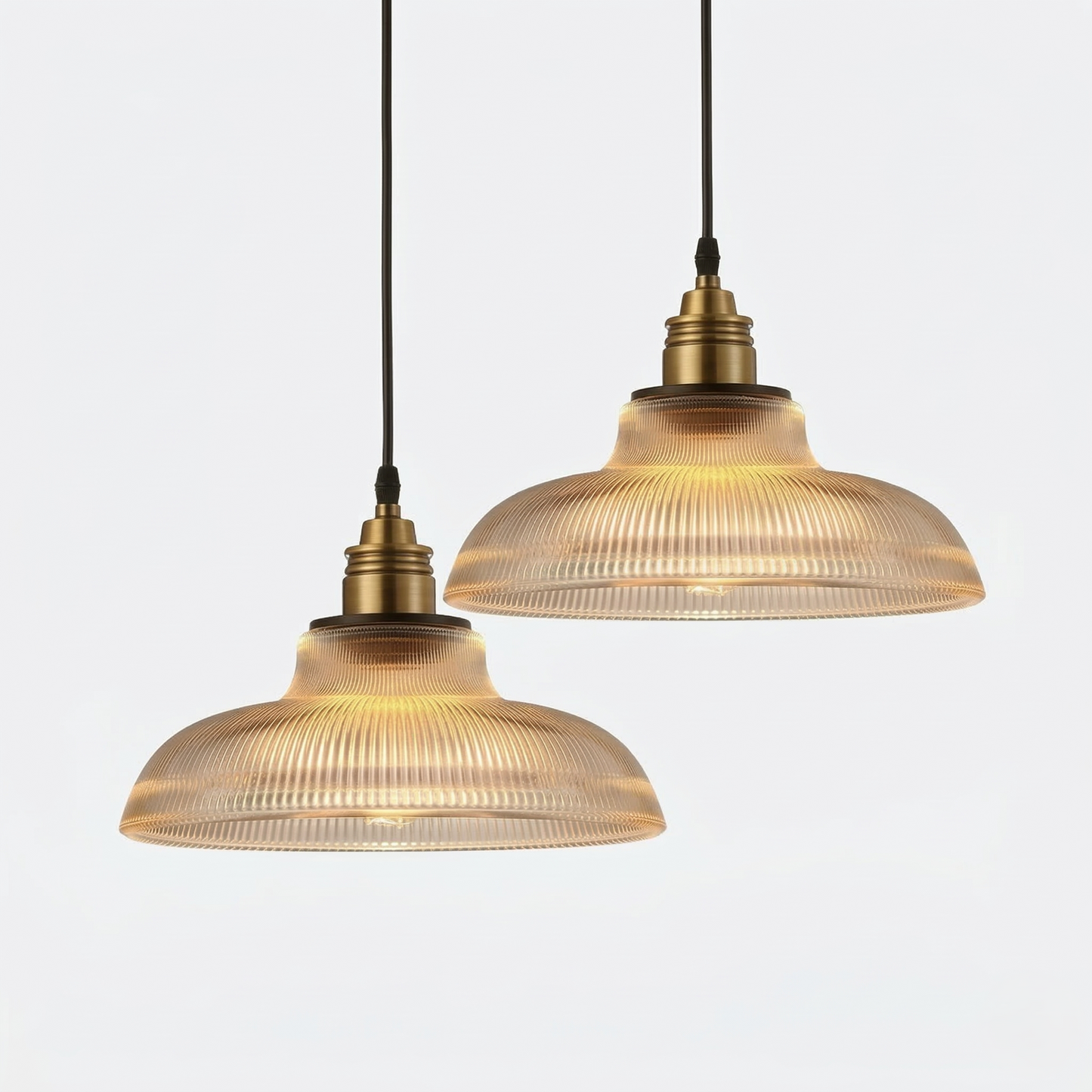 Pendant Lamp Vintage Style with Ribbed Glass Shade and Brass Fitting