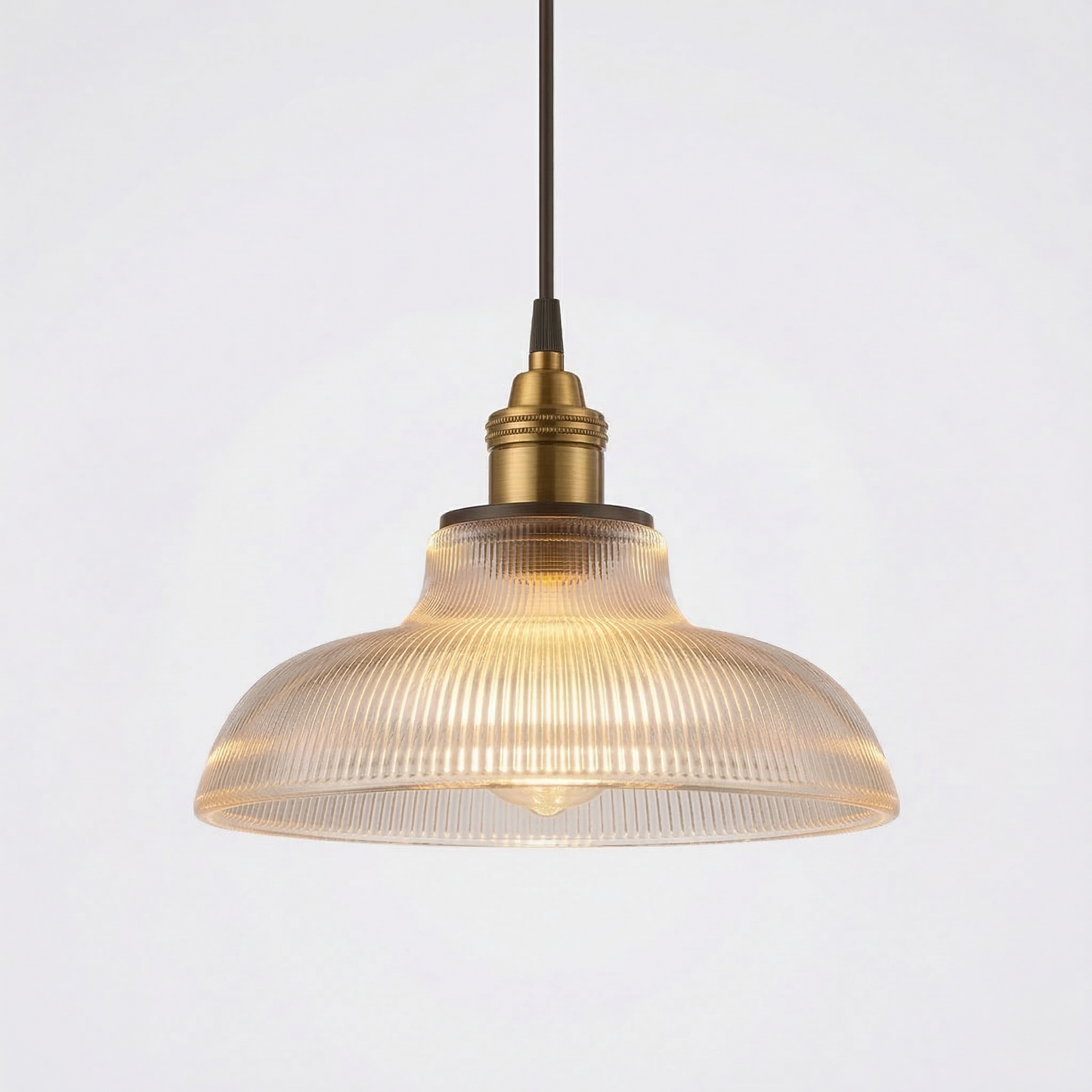 Pendant Lamp Vintage Style with Ribbed Glass Shade and Brass Fitting