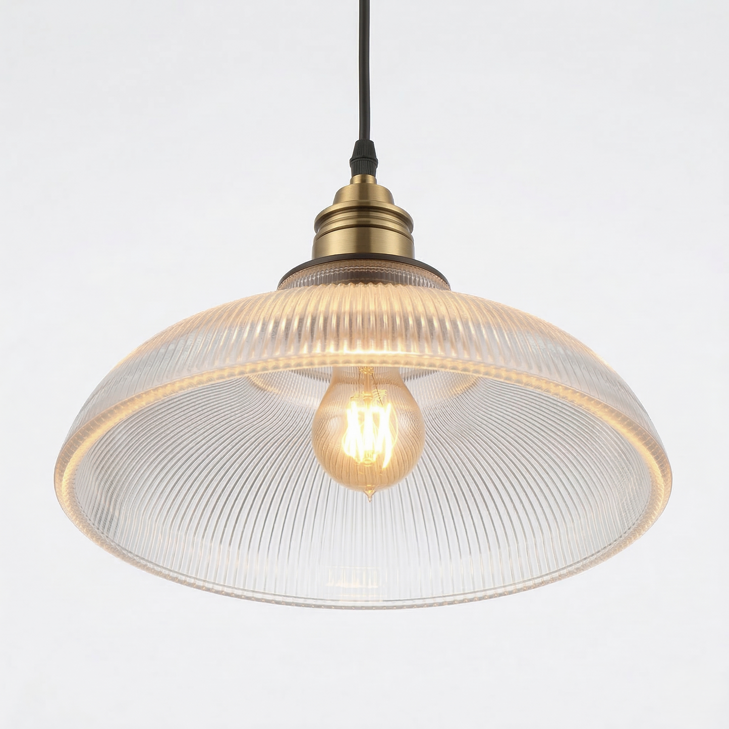 Pendant Lamp Vintage Style with Ribbed Glass Shade and Brass Fitting