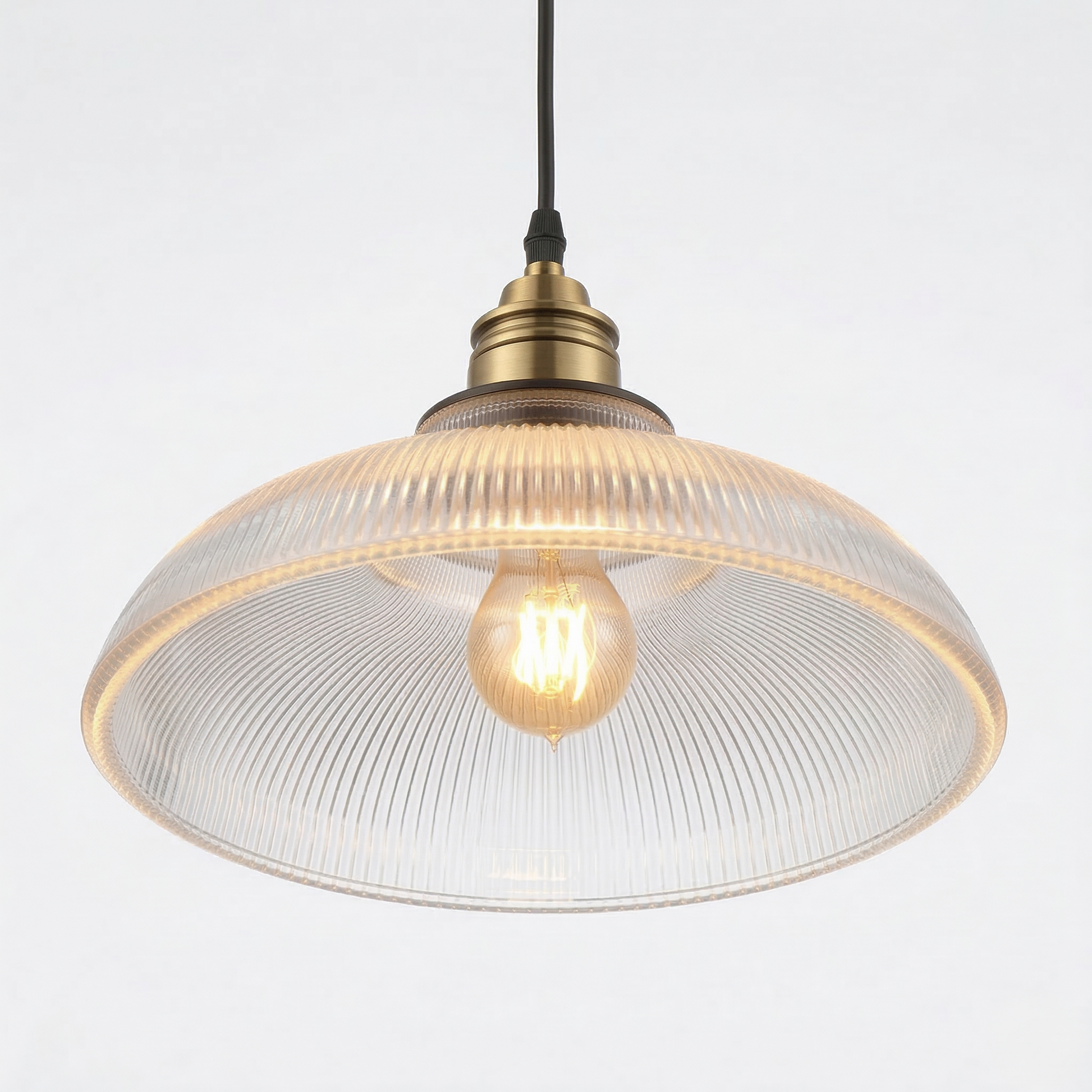 Pendant Lamp Vintage Style with Ribbed Glass Shade and Brass Fitting